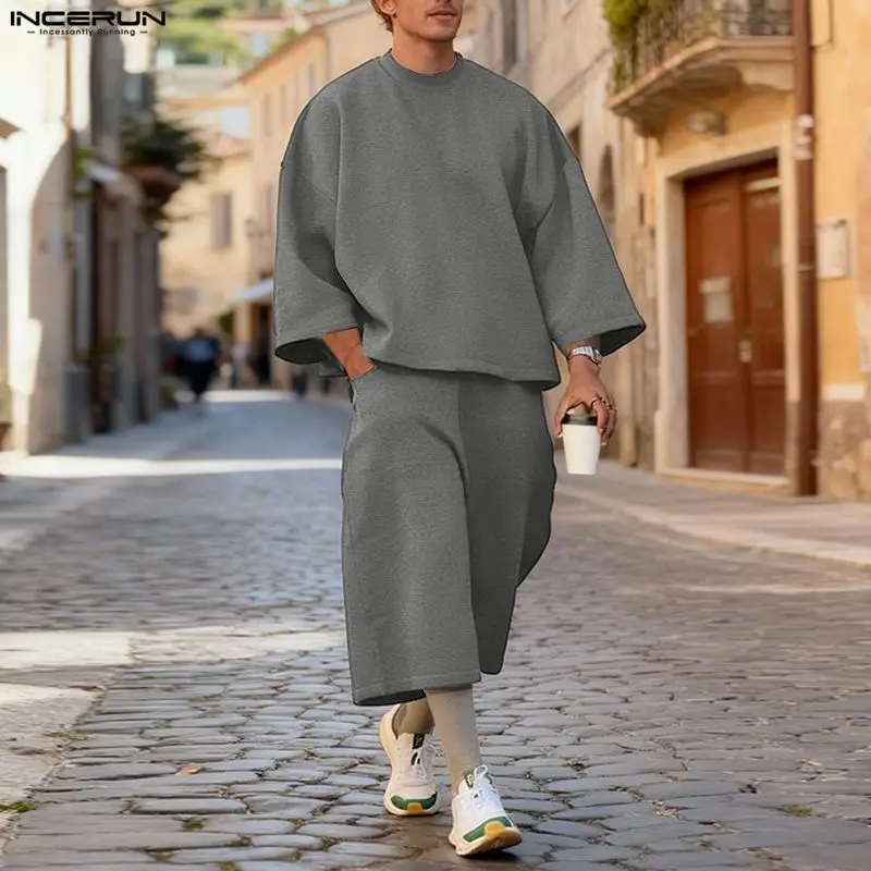 Street Fashion Male - INCERUN Men Sets Solid Color Baggy