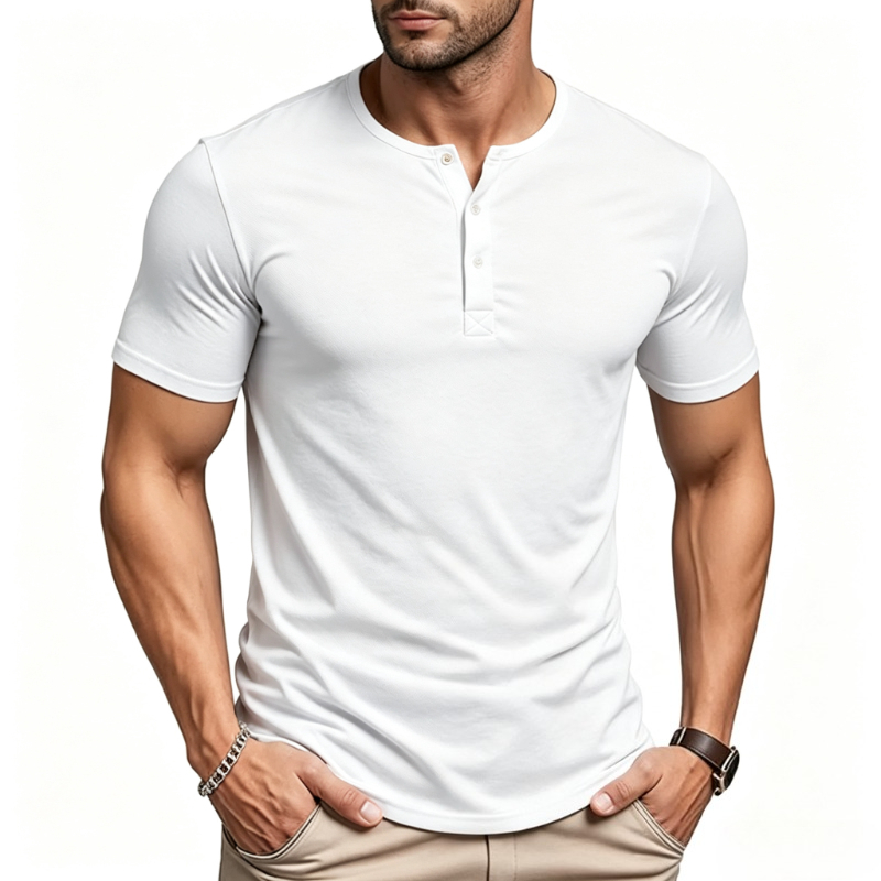 Street Fashion Male - Men's Short Sleeve Henley Neck T-shirts