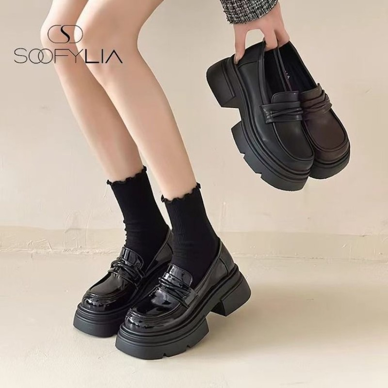 Street Fashion Styles - Women's Black Chunky Platform Loafers Slip