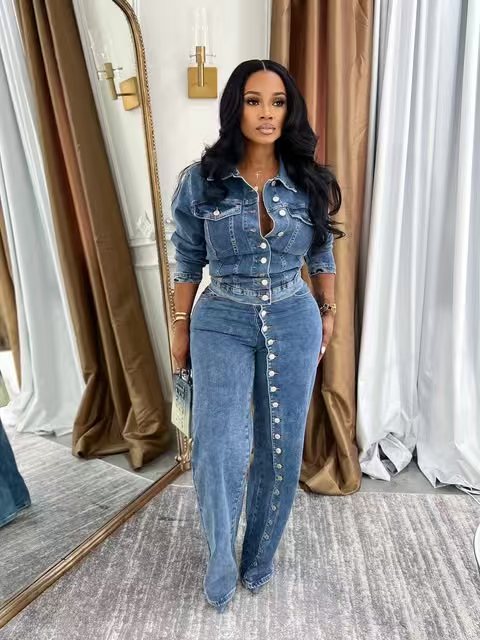Jeans Suit Women Denim 2 Piece - Street Fashion Jacket ulasan dan harga