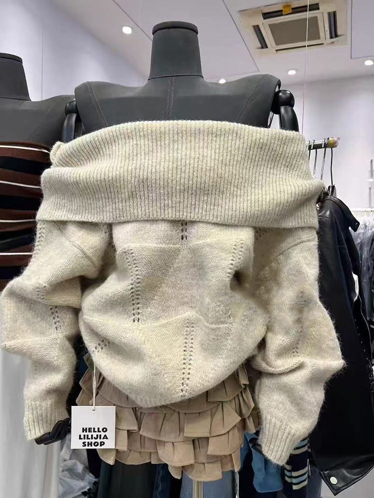 Fashion Slash Neck Knit Sweate - Korean Street Fashion Female ulasan dan harga